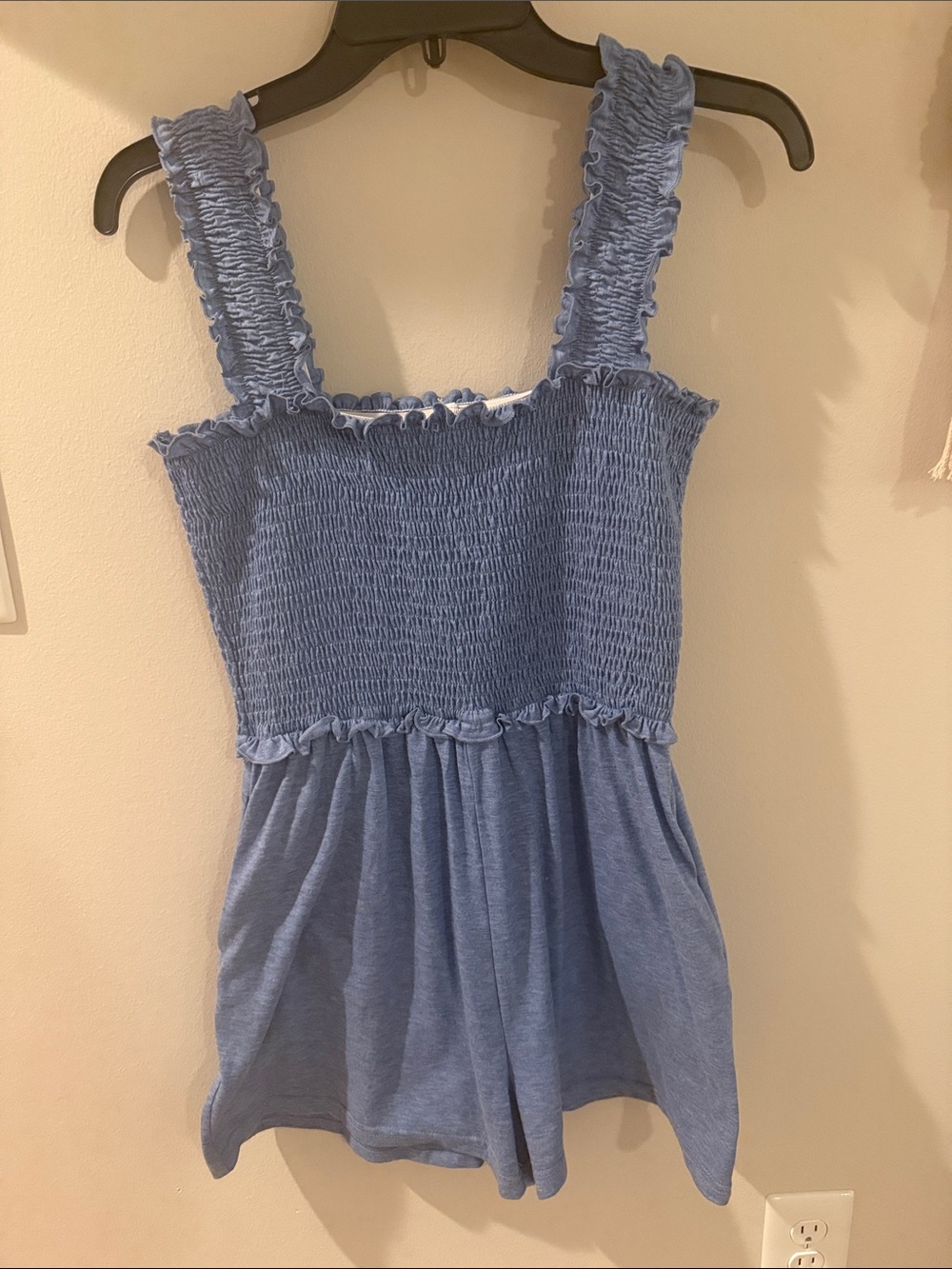 Smocked Blue Romper with Ruffle Straps